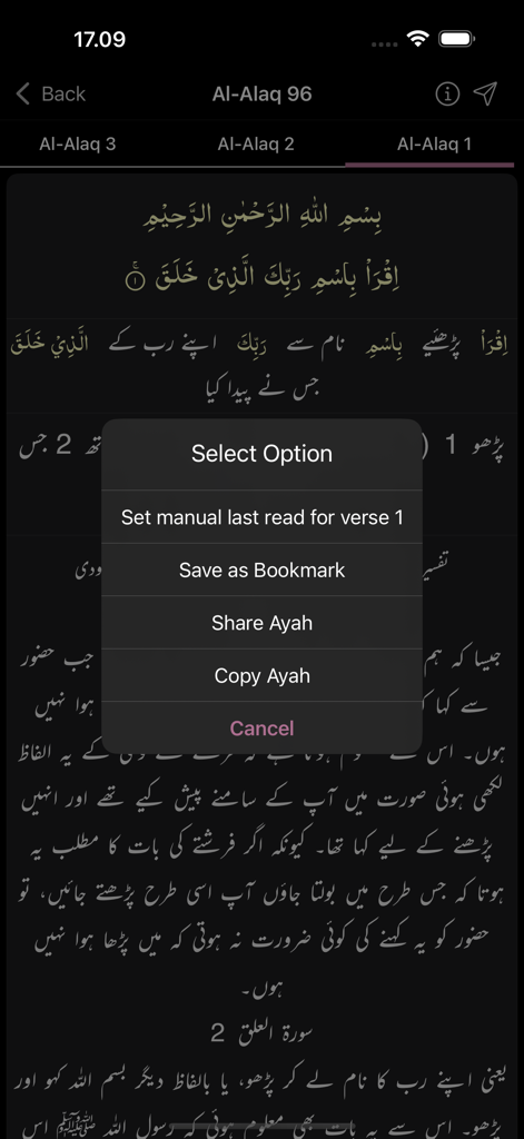 Tafheem ul Quran Urdu - A screenshot of the Tafheem ul Quran Urdu app showing a selection menu with options to bookmark, share, and copy verses over a dark theme interface.