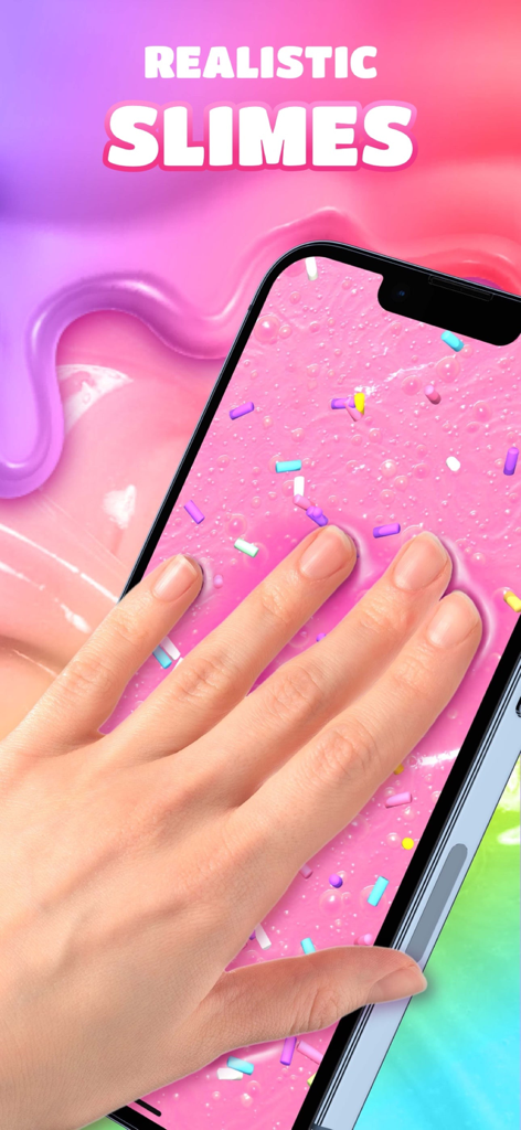 Magic Slime Simulator:ASMR - Hand touching realistic pink slime with sprinkles on a smartphone screen