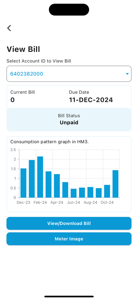 SNGPL ConnectOn - View bill screen on SNGPL ConnectOn app displaying account bill status and monthly gas consumption pattern graph