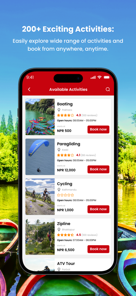 Trip Turbo - Pantalla de actividades de aventura de la aplicación móvil Trip Turbo para Nepal, mostrando actividades como paseos en bote y parapente