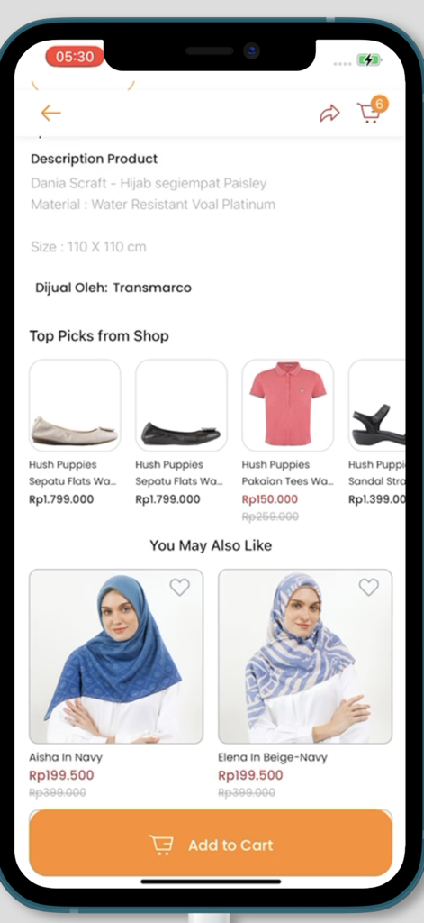 9to9 - Screenshot of the 9to9 app product page displaying a hijab and fashion recommendations