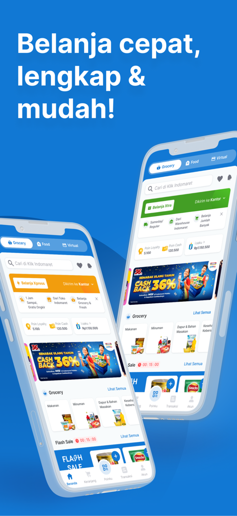 Marketing graphic for the Klik Indomaret app showing grocery and food shopping screens on mobile devices with a blue background.