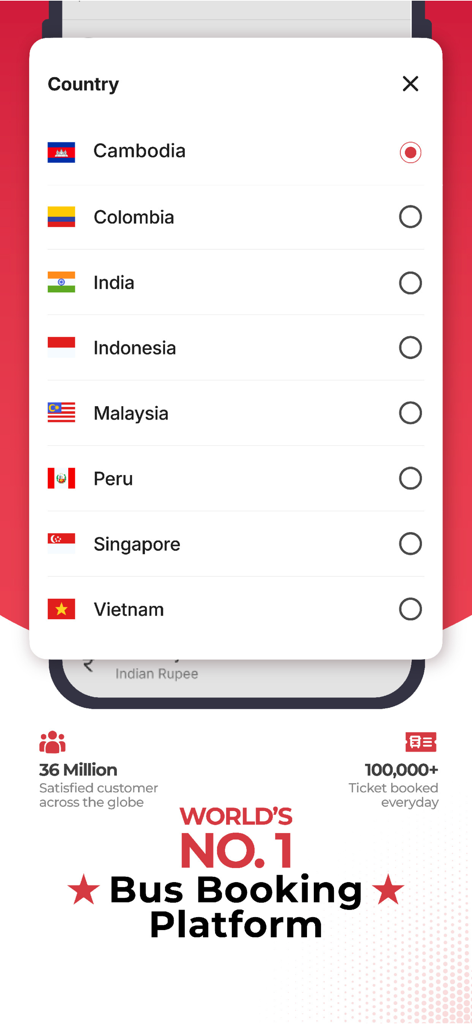 The redBus app screen showing a country selection menu for international bus ticket bookings