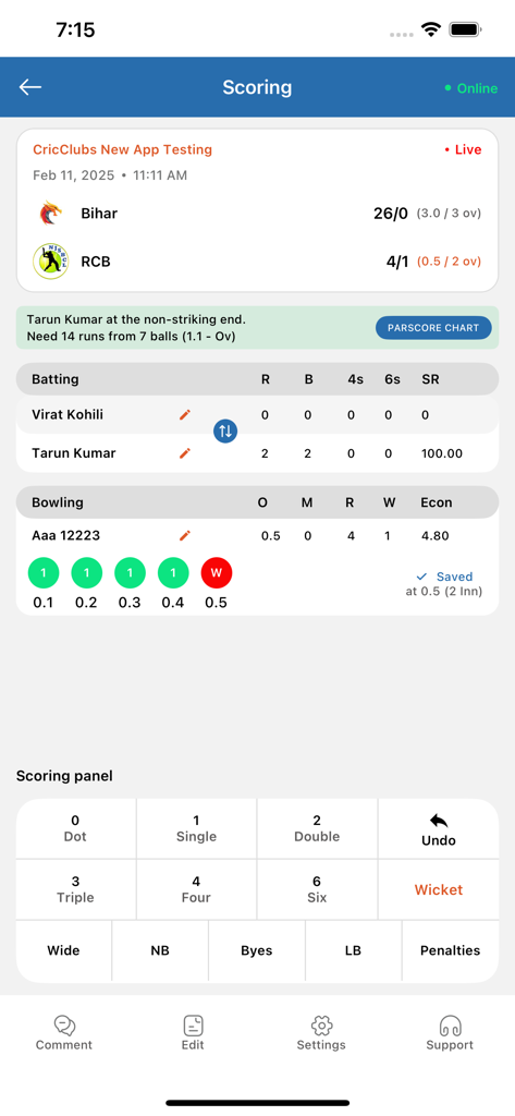 CricClubs - Interface of the CricClubs app showing real time cricket match scoring and player statistics