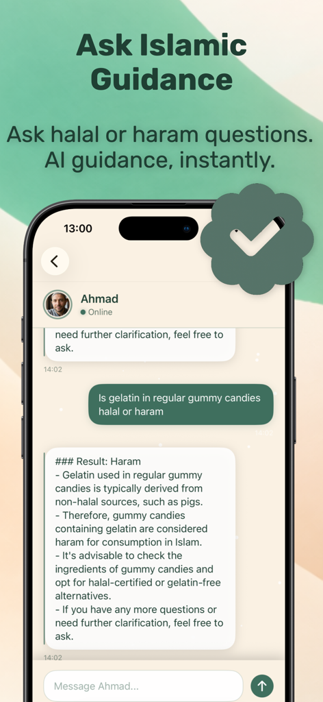 Halal Check: AI Food Scanner - Interface showing AI chat for Islamic guidance on halal and haram food ingredients.