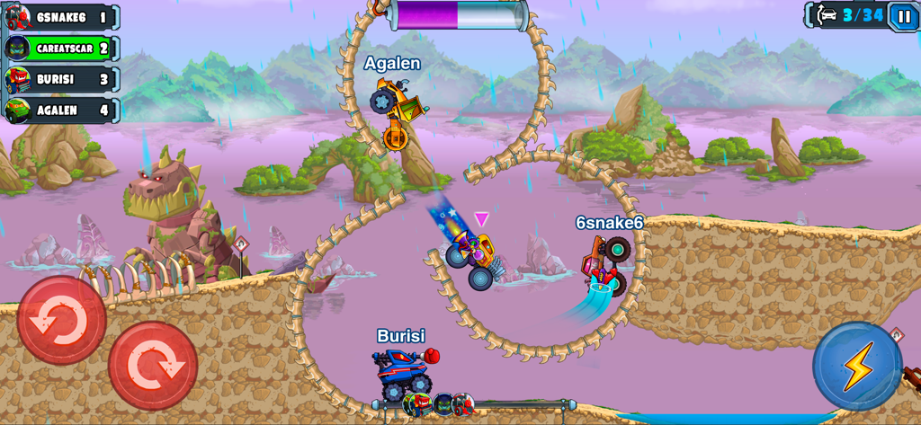 Car Eats Car Multiplayer Race - Multiplayer monster truck race with evil cars performing stunts on a bone themed loop track.