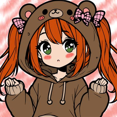 cute anime girl with ponytails and a cute bear hoodie
