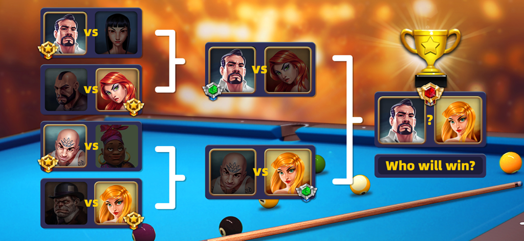 Tournament bracket in 8 Pool Clash showing competitive player rankings and a trophy
