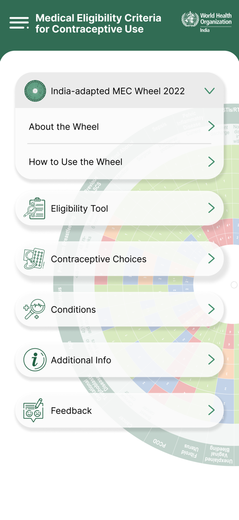Main menu of the India-adapted WHO MEC Wheel mobile app showing navigation options for clinical contraceptive tools