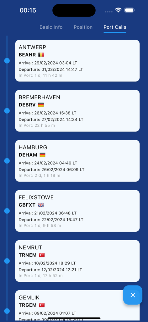 MyShipTracking app screen displaying a list of vessel port calls with arrival and departure timestamps