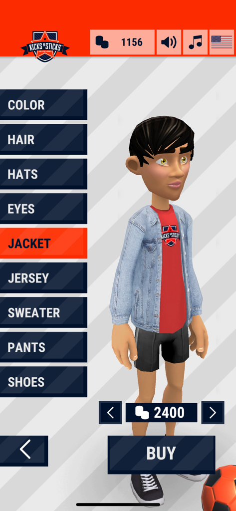 Pantalla de personalización de avatar en la aplicación Smart Ball Football que muestra opciones de cabello, sombreros y ropa