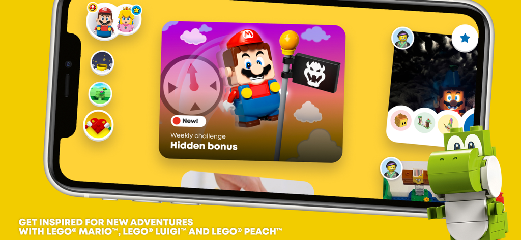 Smartphone screen showing the LEGO Super Mario app interface with a weekly challenge card and digital gallery