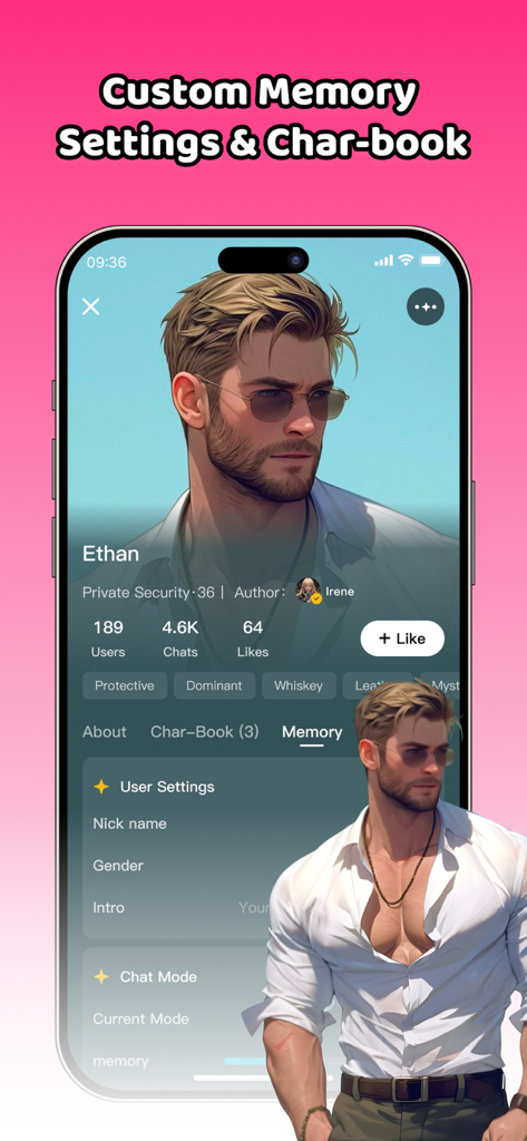 Touchie - AI Love & Chat - AI boyfriend profile screen in Touchie app showing character Ethan with customization and memory settings