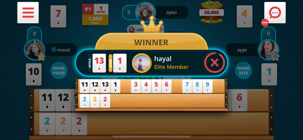 タイルの並びとプレイヤーのアバターを表示するOkey Onlineモバイルゲームの勝者発表画面