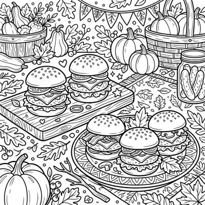 Dive into the cozy vibes of fall with this charming coloring page featuring delightful mini slider burgers. Enjoy coloring a festive autumn harvest scene complete with pumpkins, leaves, and mouth-watering bites.