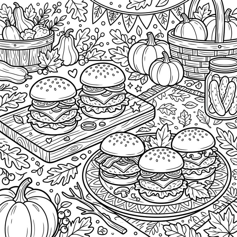 Dive into the cozy vibes of fall with this charming coloring page featuring delightful mini slider burgers. Enjoy coloring a festive autumn harvest scene complete with pumpkins, leaves, and mouth-watering bites.