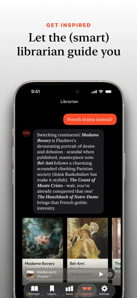 Smart Librarian AI recommendation interface in the Opus Classics audiobook app