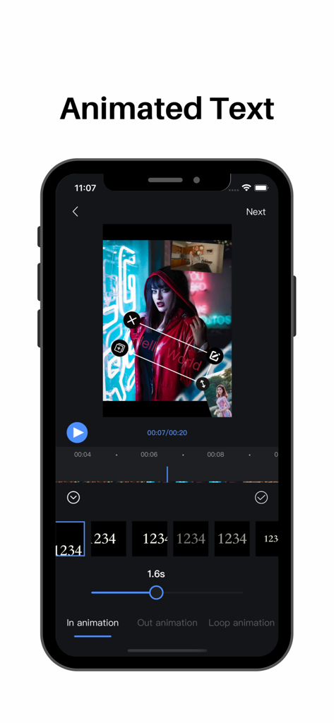 Video Editor : Video Maker，Cut - Pantalla de smartphone que muestra la función de texto animado con estilos de animación en la aplicación Video Editor.