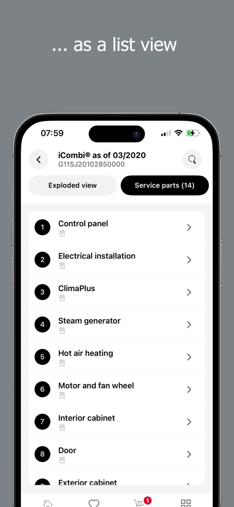 TechAssistant 2.0 - List view of service parts for a RATIONAL iCombi oven in the TechAssistant 2.0 app