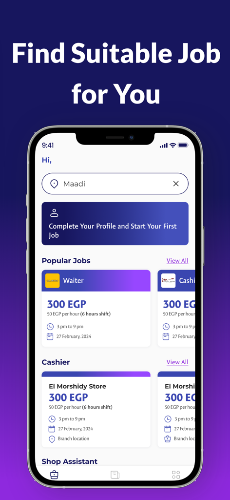 Flexijob - Flexible Shifts - Interfaz de la app Flexijob que muestra los turnos flexibles disponibles y las ofertas de empleo para estudiantes en Egipto.