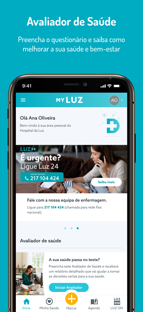 Interface da aplicação MY LUZ mostrando a funcionalidade do avaliador de saúde e o painel médico personalizado