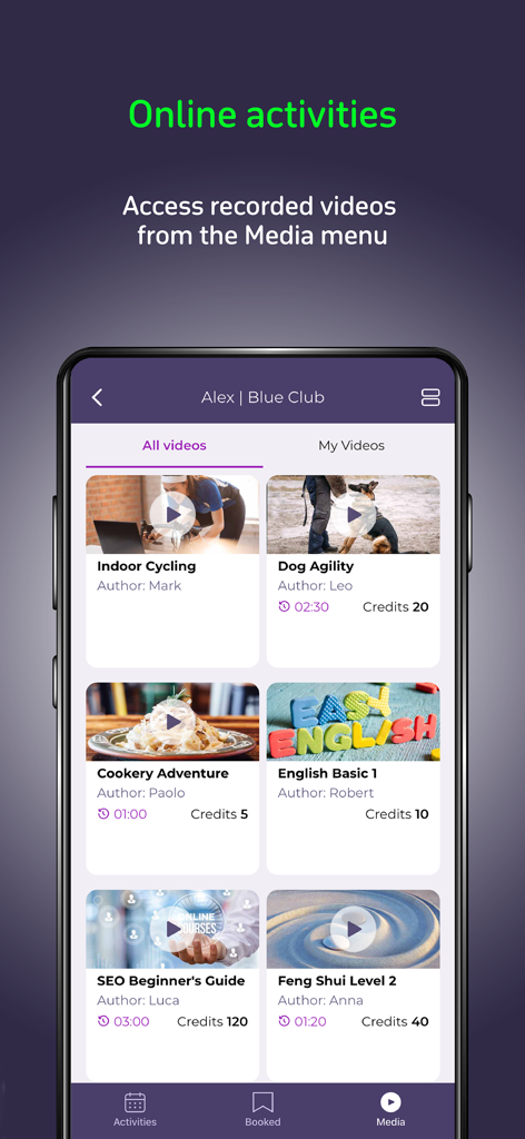 BookyWay App-Bildschirm, der eine Bibliothek von Online-Videoaktivitäten zeigt, einschließlich Fitness-, Koch- und Bildungskursen.