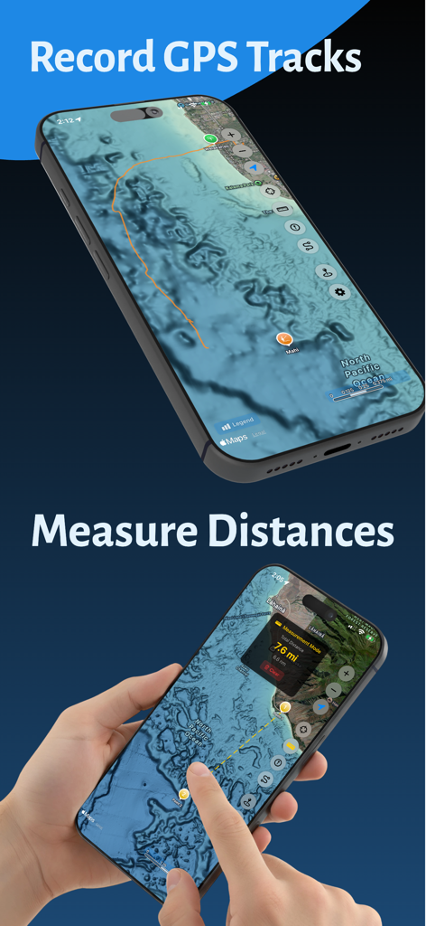 Hawaii Ocean Map - Screenshots of Hawaii Ocean Map app showing GPS track recording and seafloor distance measurement.