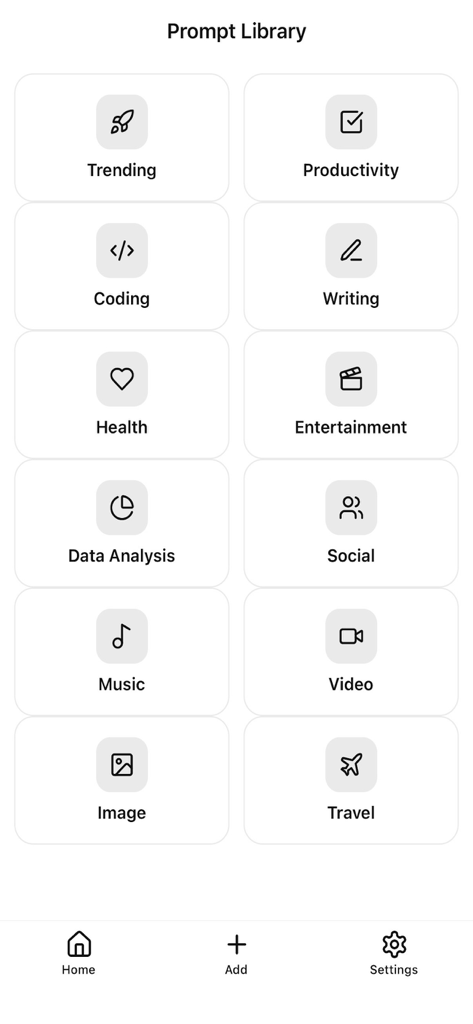 Prompt Engineering Library - A grid of AI prompt categories including Productivity Coding and Writing in the Prompt Library app
