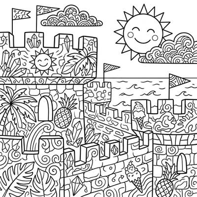 Dive into a unique summer adventure with this coloring page featuring majestic castle battlements reimagined with tropical flair. Adorned with smiling suns, juicy pineapples, and refreshing ice cream, it's a perfect blend of history and vacation fun.