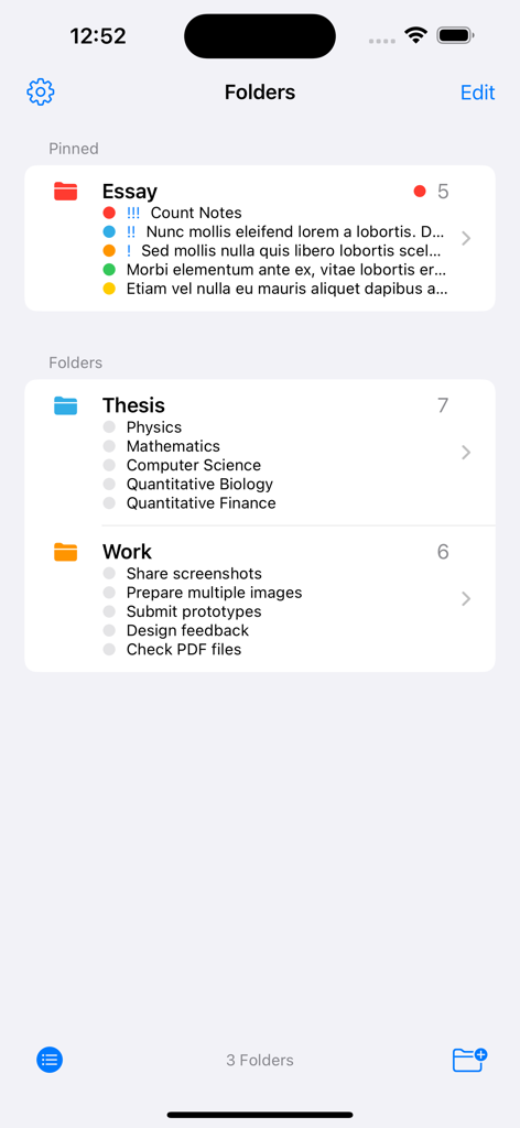 Word Count Notes, Word Counter - Mobile app interface showing organized note folders for essay thesis and work projects with color coded labels
