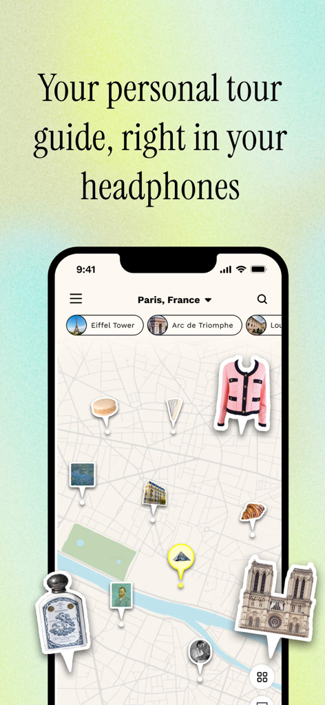Le Walk: Audio Guides & Tours - Le Walk app interface showing a map of Paris with audio guide pins for landmarks