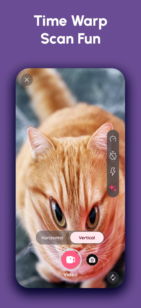 A screenshot of the Time Warp Scan app showing a funny distorted face effect on an orange cat using a vertical scan filter.