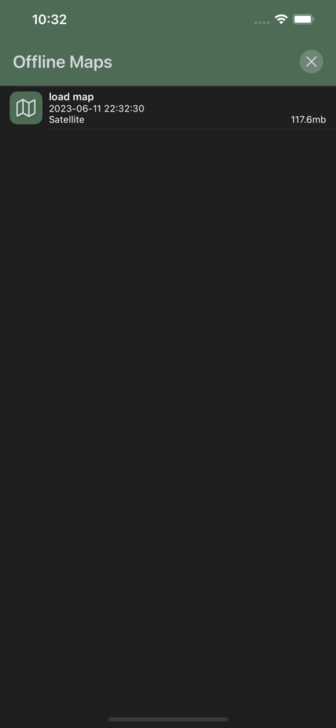GPS Tracker: Offline Maps, GPX - Offline Maps management screen in the GPS Tracker app showing a list of downloaded satellite maps with file sizes
