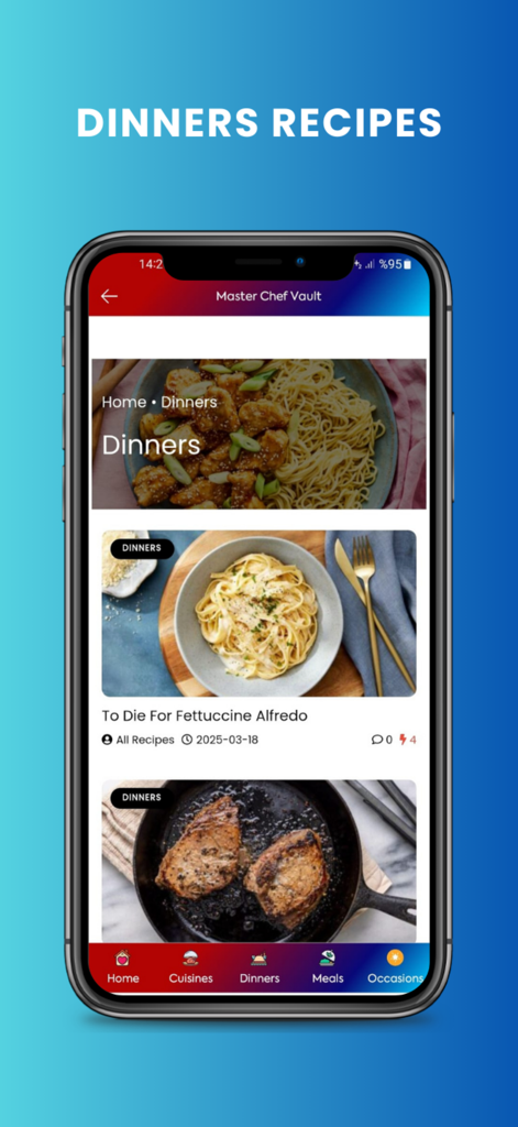 Master Chef Vault: Recipes - Interfaz de la aplicación móvil de Master Chef Vault mostrando recetas de cena como pasta y bistec.