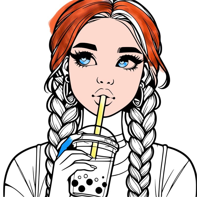 realistic girl with braided hair drinking boba