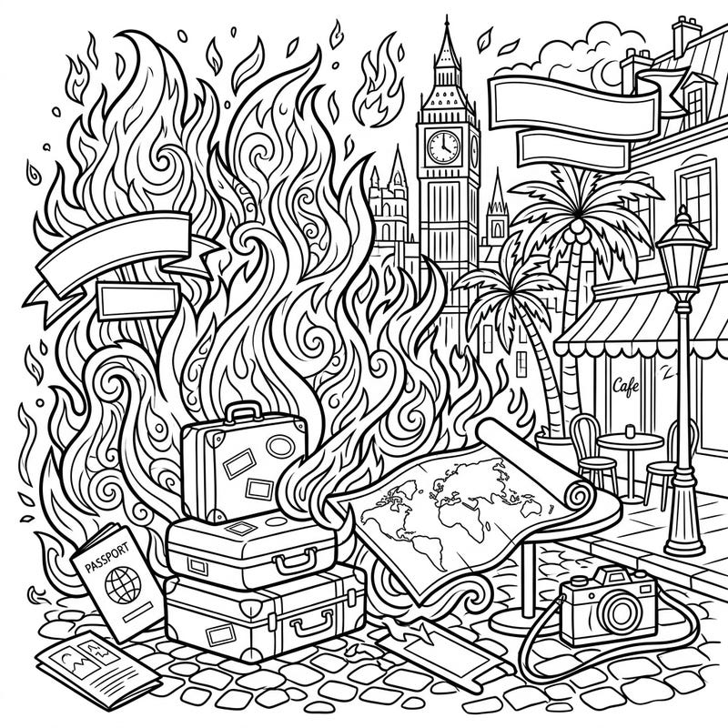 Embark on an epic adventure with this captivating Inferno Vacation coloring page, perfect for creative teens. Explore a dynamic scene where travel essentials meet a blaze of artistic fun.