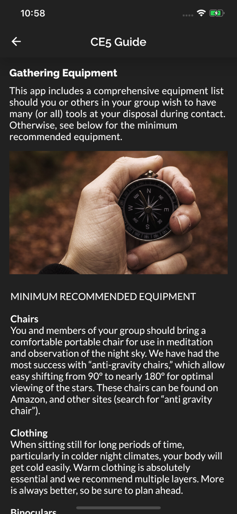 CE5 Contact - CE5 Contact app screen showing equipment recommendations for field work