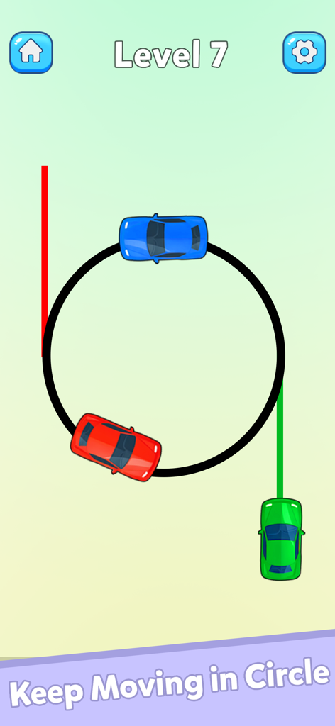 Nivel 7 de un juego móvil donde coches rojos, azules y verdes deben seguir moviéndose en círculo.