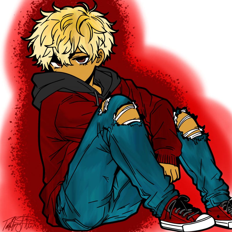 a male hoddie ripped jeans messy hair anime