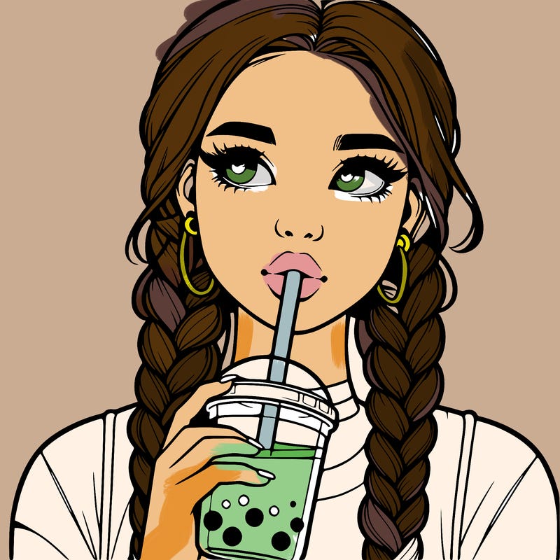 realistic girl with braided hair drinking boba