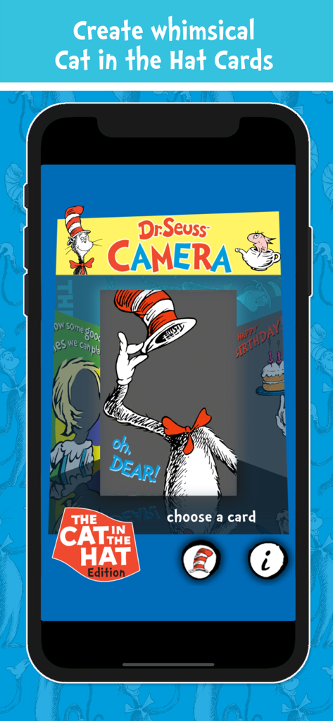 Dr. Seuss Camera app interface showing the Cat in the Hat card selection screen