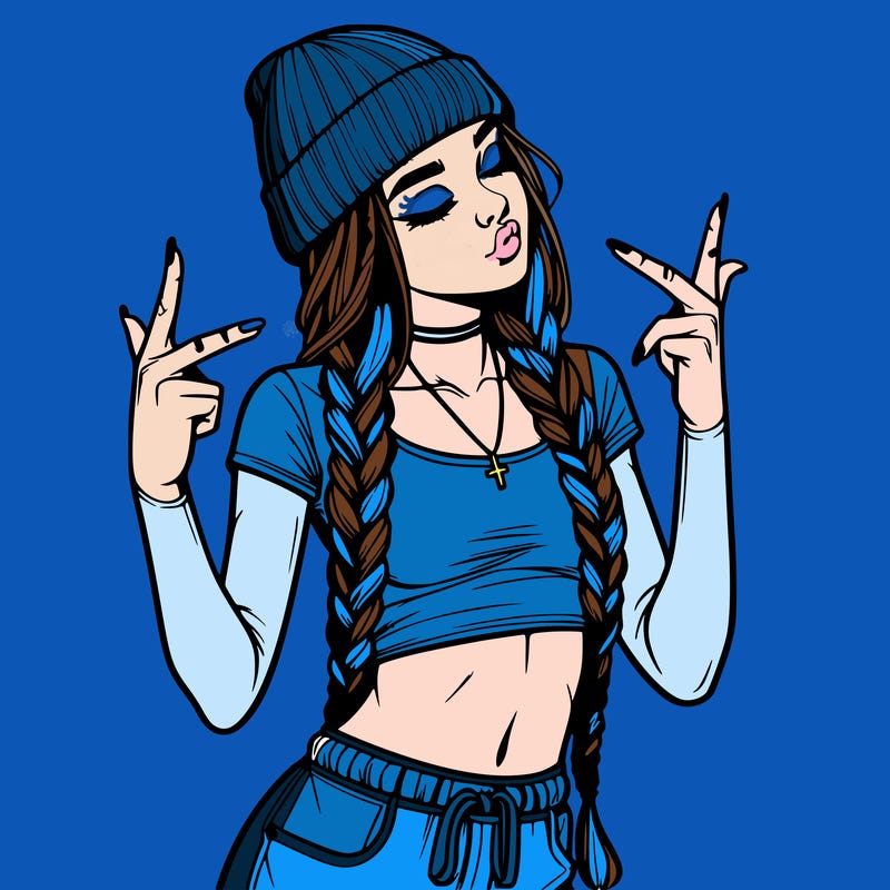 realistic teenage girl with braids and a beanie and crop top doing 🫶🏼