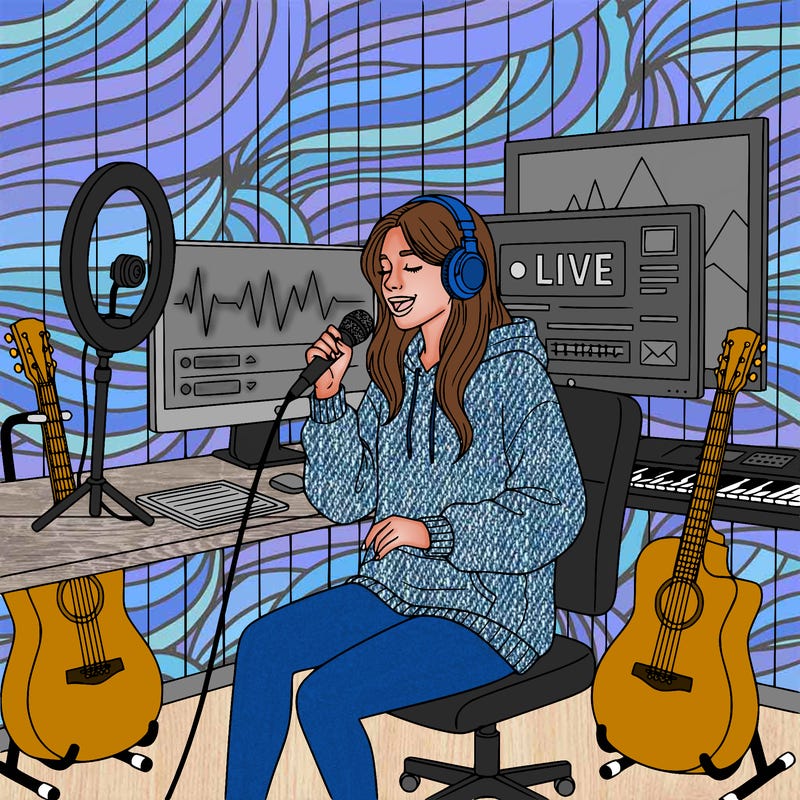 realistic girl singing in her room while live streaming with her camera and stripe walls in her room