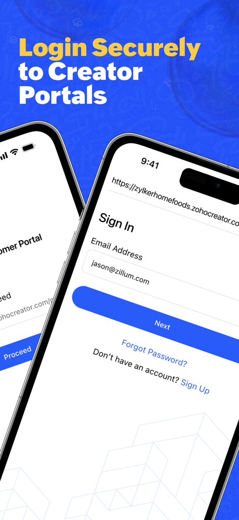 Sign in interface for the Zoho Creator Customer Portal mobile app