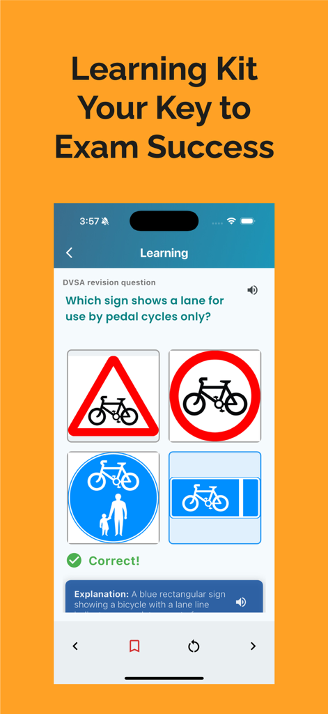 Driving Theory Test Kit UK - Learning screen of the UK Driving Theory Test Kit app showing a road sign question with a correct answer explanation