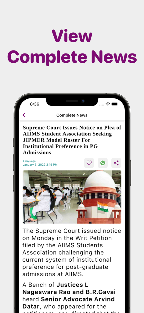 A mobile screenshot of the Law Trend app displaying a detailed legal news article regarding a Supreme Court notice.