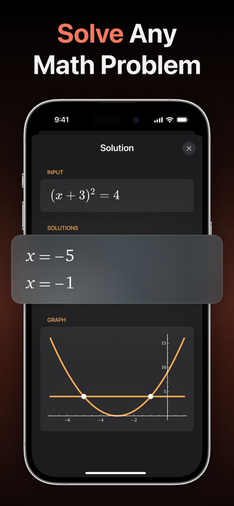Interfaz de la aplicación Calculadora y Resolutor de Matemáticas que muestra la solución de una ecuación y un gráfico