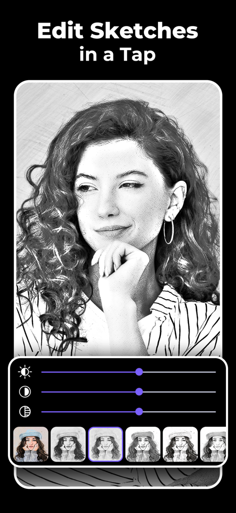 Pencil Sketch Photo Editor - A woman's portrait being transformed into a pencil sketch with adjustable brightness and contrast sliders
