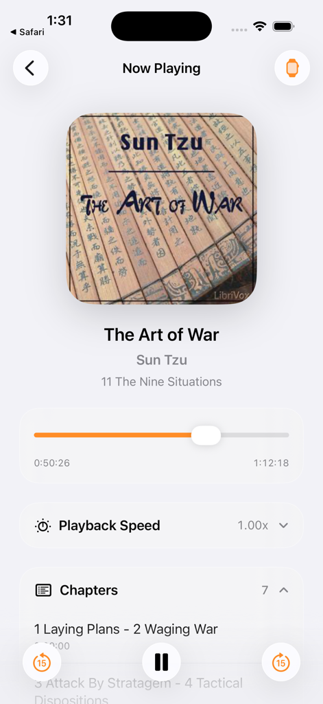 ChronoListen: Audiobook Player - ChronoListenアプリの再生中画面。オーディオブック「孫子の兵法」の再生コントロールとチャプターが表示されています。