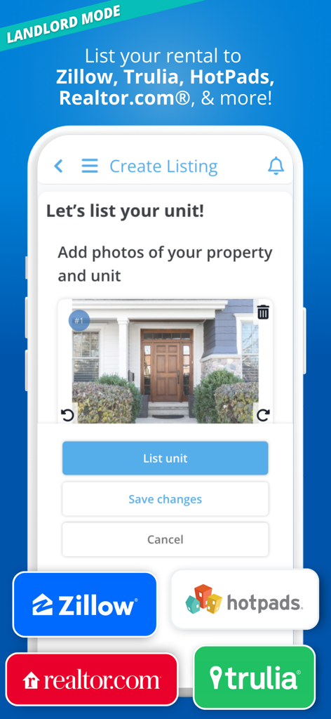 RentRedi app landlord mode screen showing the feature to list rental units on Zillow, Trulia, HotPads, and Realtor.com